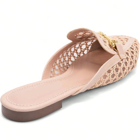 Mule Feminino Bico Quadrado Material Natural e Enfeite Dourado Bege