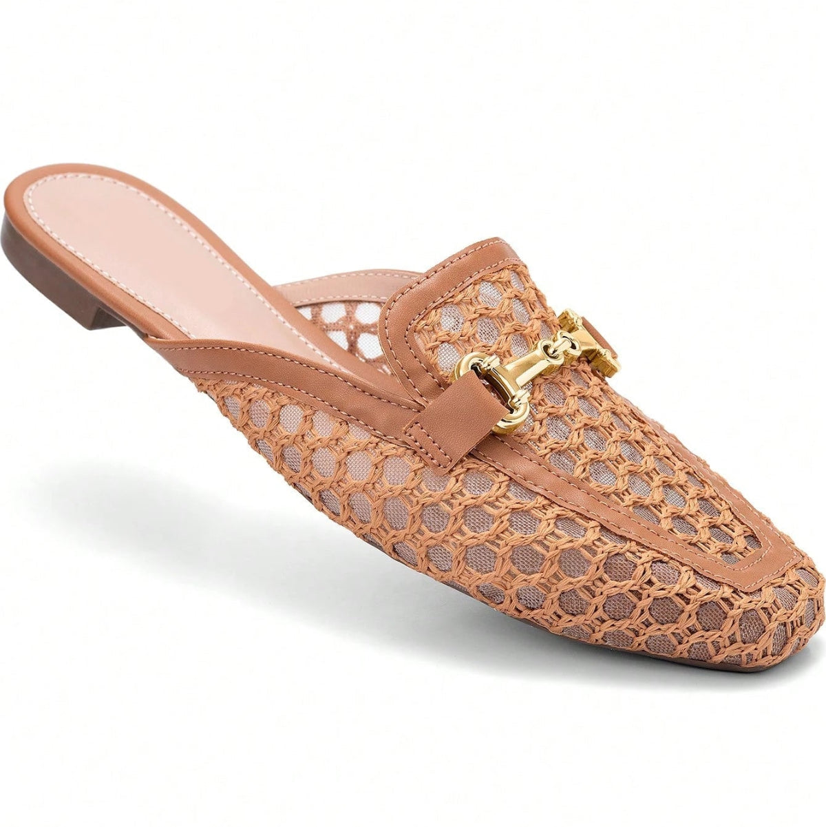 Mule Feminino Bico Quadrado Material Natural e Enfeite Dourado Caramelo