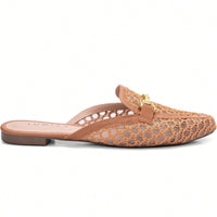 Mule Feminino Bico Quadrado Material Natural e Enfeite Dourado Caramelo