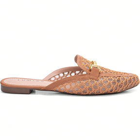 Mule Feminino Bico Quadrado Material Natural e Enfeite Dourado Caramelo