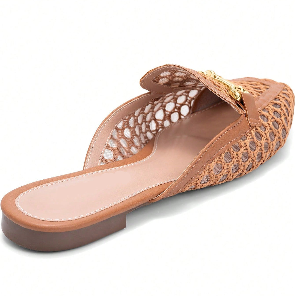 Mule Feminino Bico Quadrado Material Natural e Enfeite Dourado Caramelo