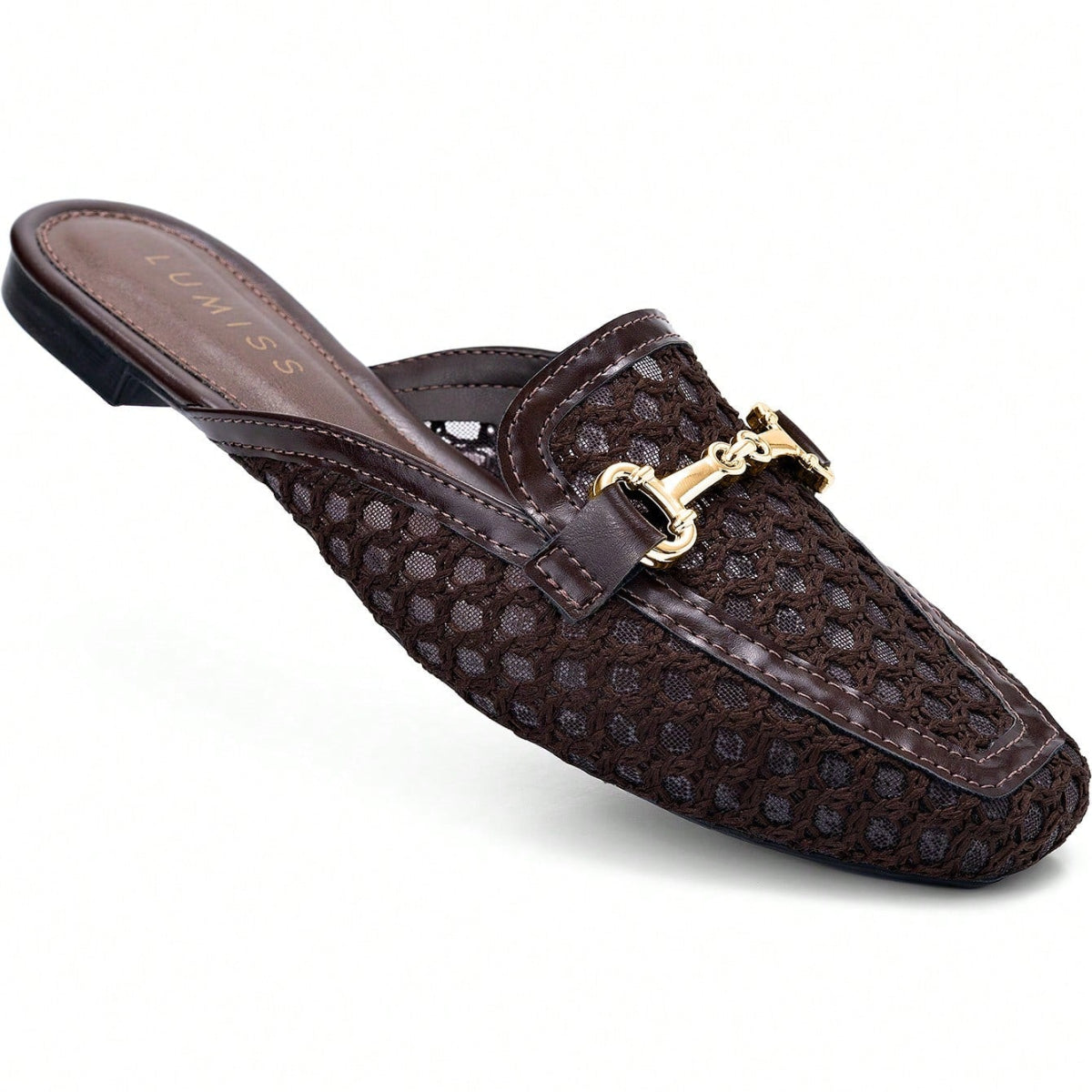 Mule Feminino Bico Quadrado Material Natural e Enfeite Dourado Marrom