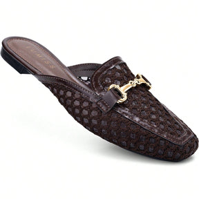 Mule Feminino Bico Quadrado Material Natural e Enfeite Dourado Marrom