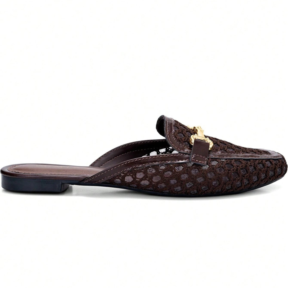 Mule Feminino Bico Quadrado Material Natural e Enfeite Dourado Marrom