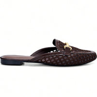 Mule Feminino Bico Quadrado Material Natural e Enfeite Dourado Marrom