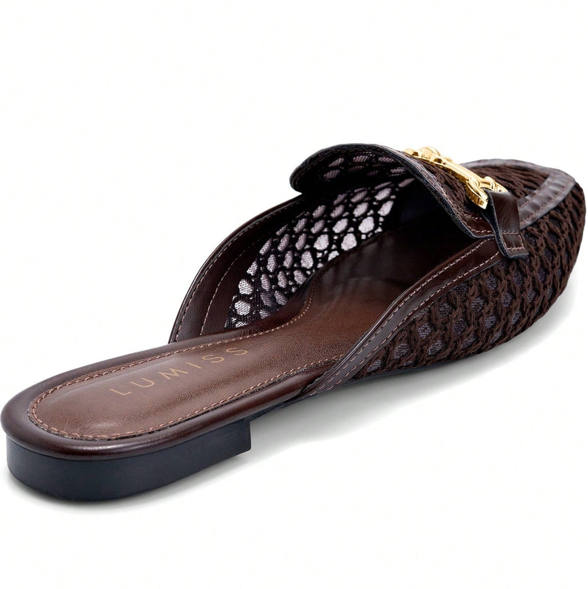 Mule Feminino Bico Quadrado Material Natural e Enfeite Dourado Marrom