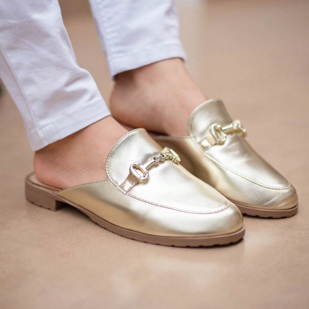 Mule Feminino Sola Tratorada  Mocassim Oxford Dourado