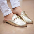 Mule Feminino Sola Tratorada  Mocassim Oxford Dourado