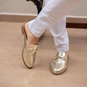 Mule Feminino Sola Tratorada  Mocassim Oxford Dourado