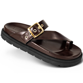 Papete Feminina Bico Redondo com Fivela Dourada Confortável Café