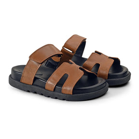 Papete Feminina Birken  Cabedal em H Em Couro Sintético Com Velcro Caramelo