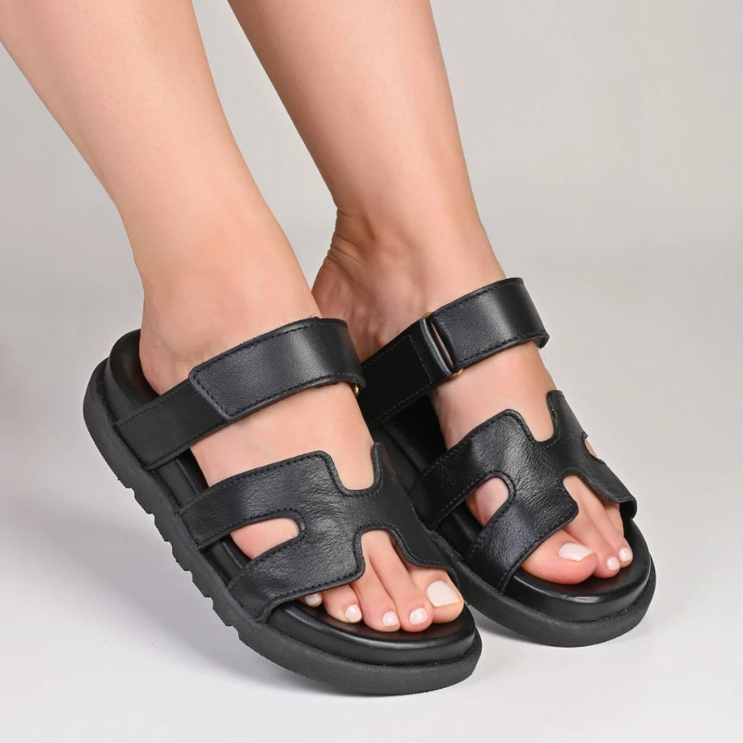 Papete Feminina Birken  Cabedal em H Em Couro Sintético Com Velcro Preta