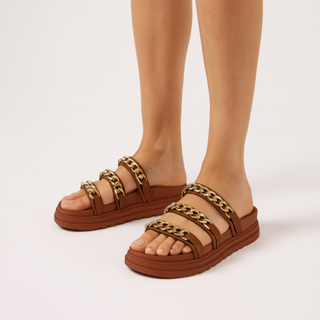 Papete Feminina Birken Tamanco Flatform com Corrente Confortável   Marrom