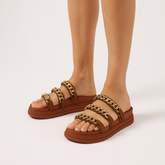 Papete Feminina Birken Tamanco Flatform com Corrente Confortável   Marrom