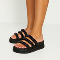 Papete Feminina Birken Tamanco Flatform com Corrente Confortável   Preta