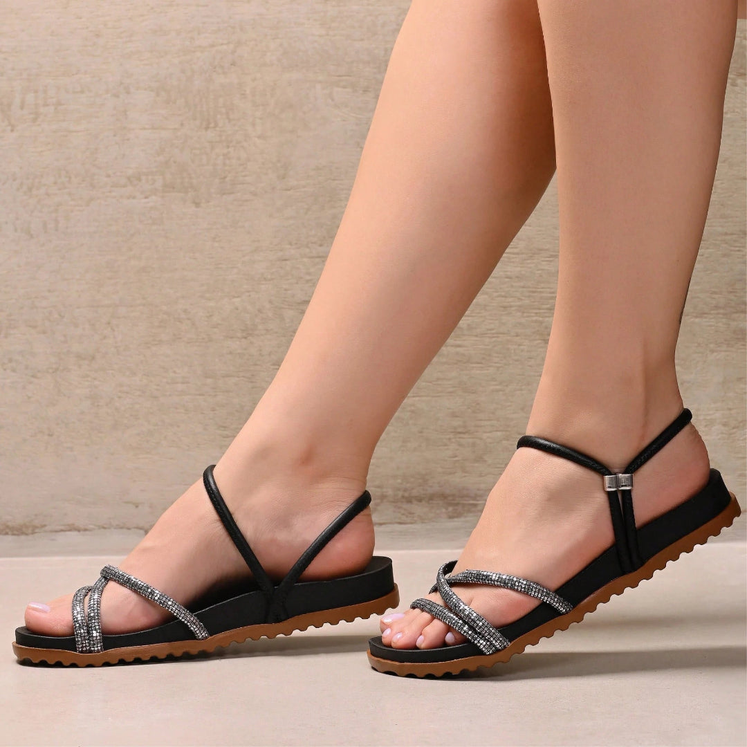 Papete Feminina Birken Tiras Brilhantes 2 em 1 – Use Como Sandália ou Tamanco com Conforto e Estilo Preta
