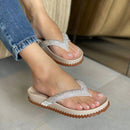 Papete Feminina De Dedo Estilo Chinelo com Brilho Delicado Bege