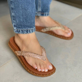 Papete Feminina De Dedo Estilo Chinelo com Brilho Delicado Caramelo