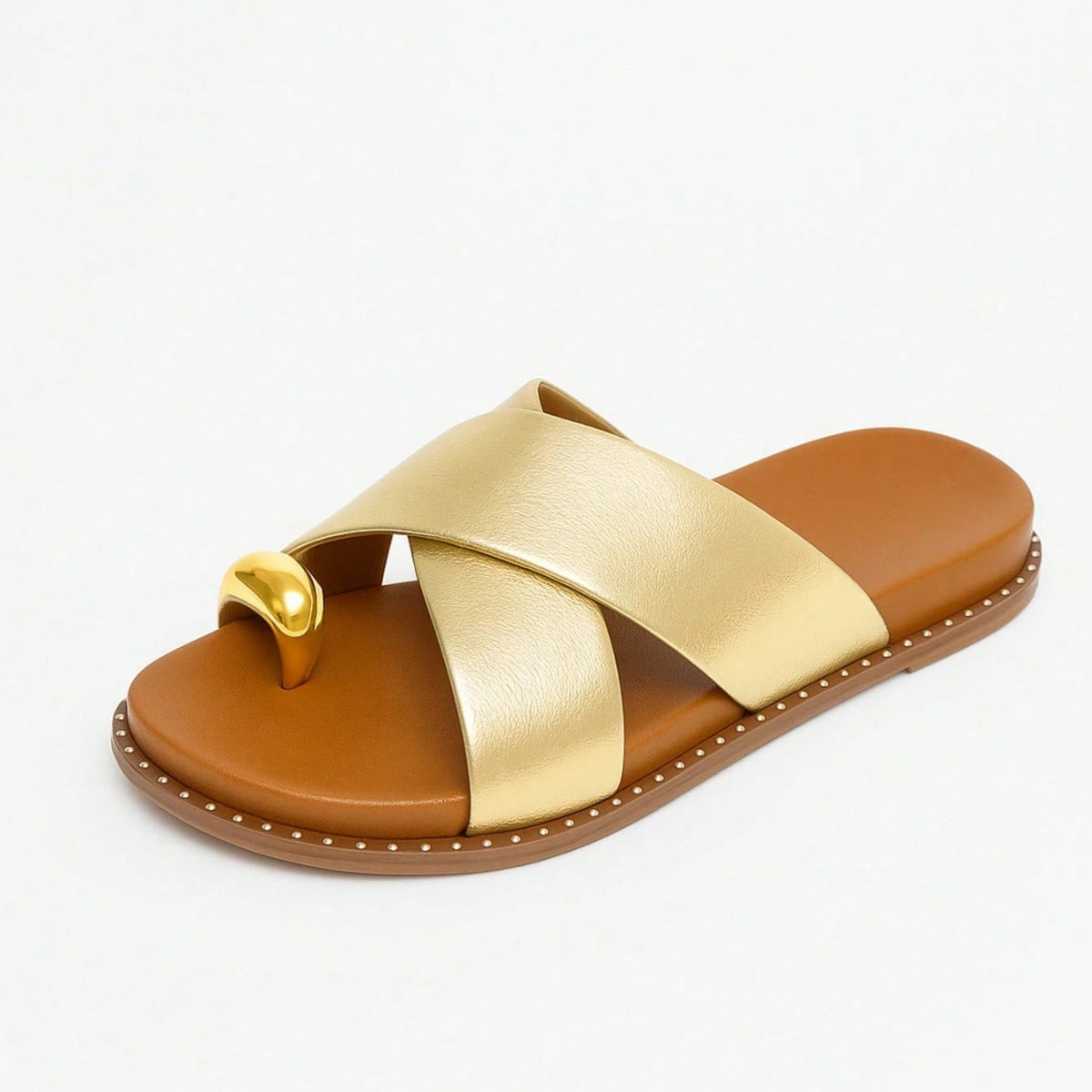 Papete Feminina Estilo Birken Tiras Macias e Detalhe no Dedo Dourada