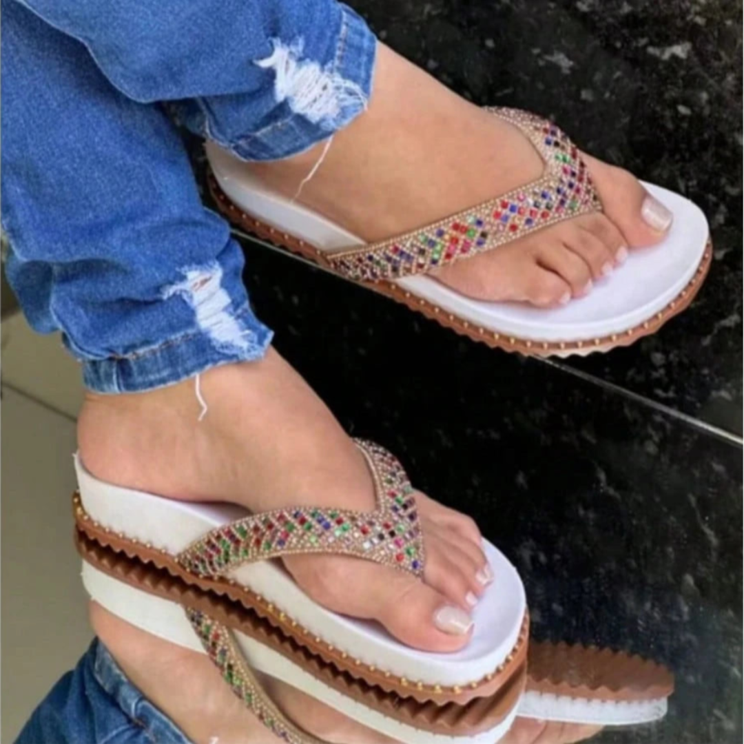  Papete Feminina de Dedo Estilo Chinelo Com Strass Branca