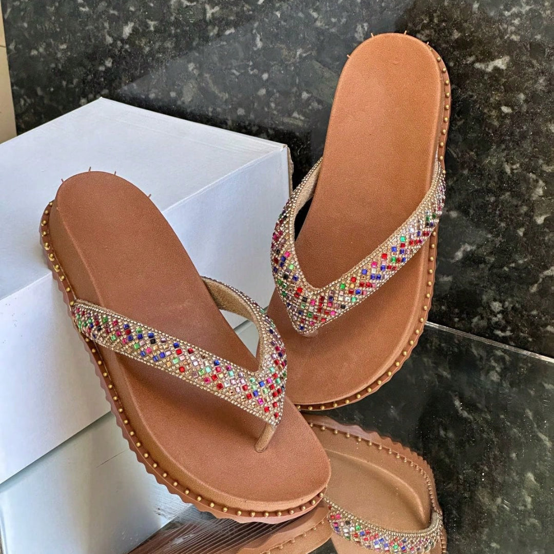  Papete Feminina de Dedo Estilo Chinelo Com Strass Caramelo