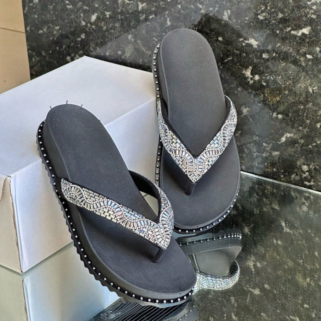  Papete Feminina de Dedo Estilo Chinelo Com Strass Preta
