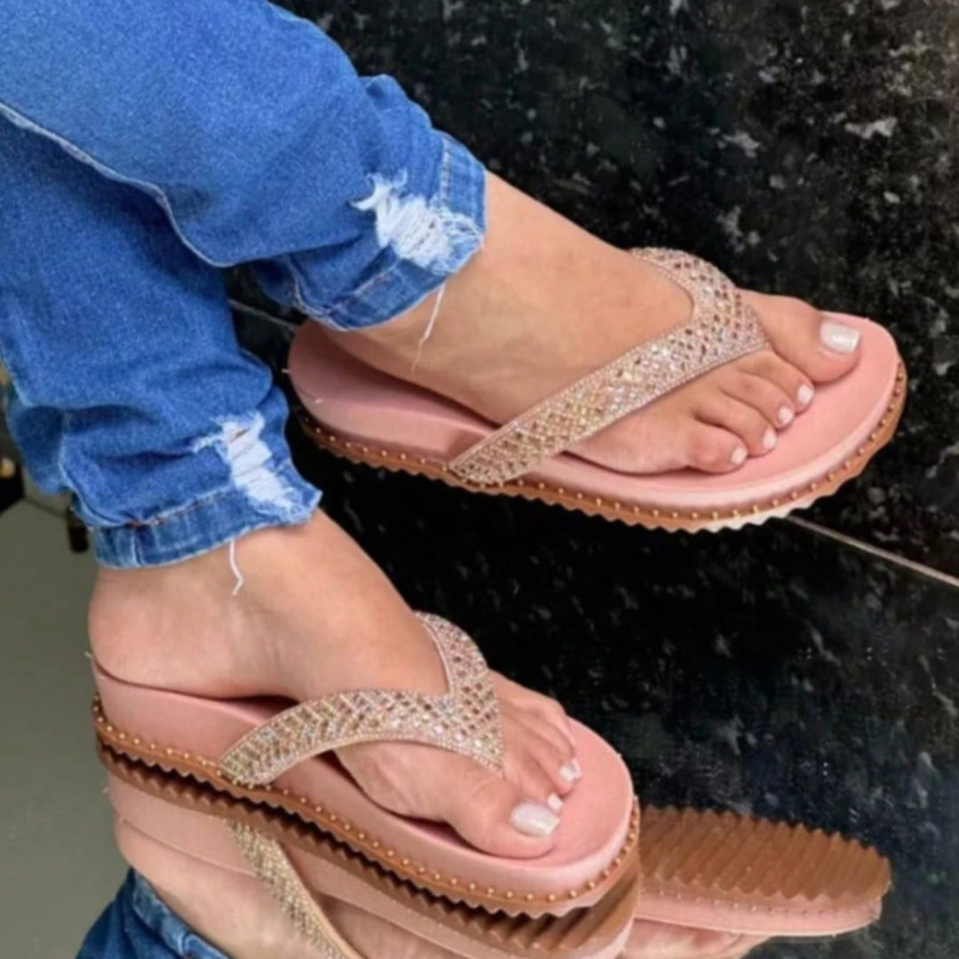  Papete Feminina de Dedo Estilo Chinelo Com Strass Rosa
