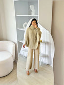 Poncho Feminino Tricot Sobreposição Gola Alta Bege