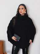 Poncho Feminino Tricot Sobreposição Gola Alta Preto