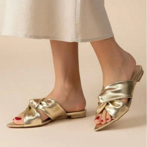 Rasteira Feminina Bico Folha Confortável Luxo Elegante Dourada