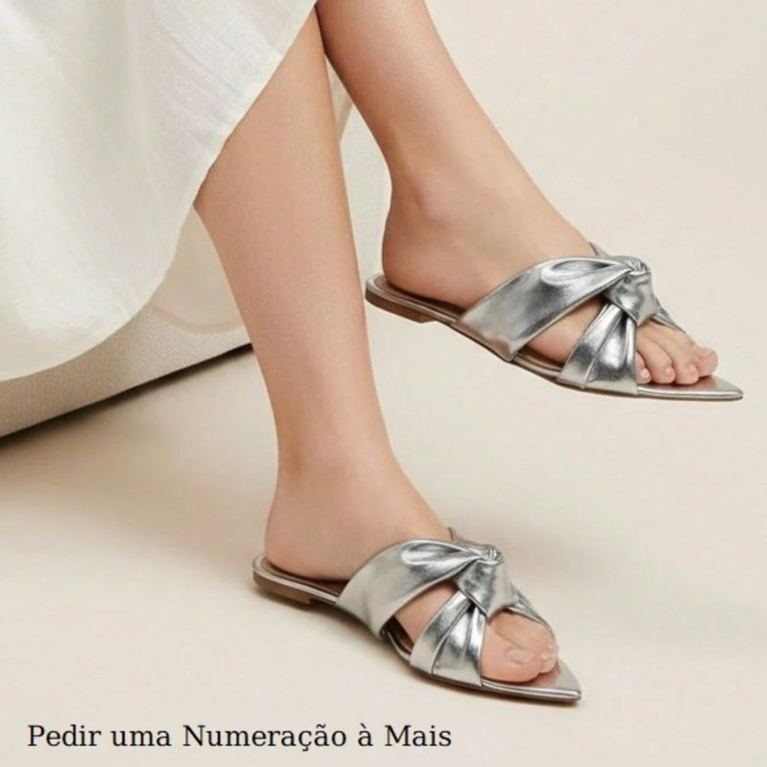 Rasteira Feminina Bico Folha Confortável Luxo Elegante Prata