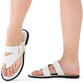 Rasteira Feminina Bico Redondo e Fivela Dourada Branca