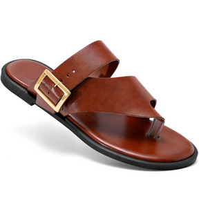 Rasteira Feminina Bico Redondo e Fivela Dourada Marrom