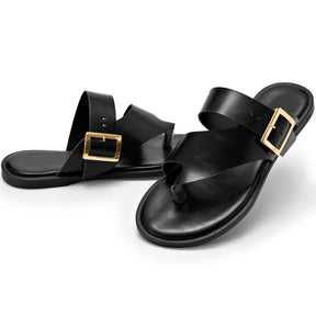 Rasteira Feminina Bico Redondo e Fivela Dourada Preta