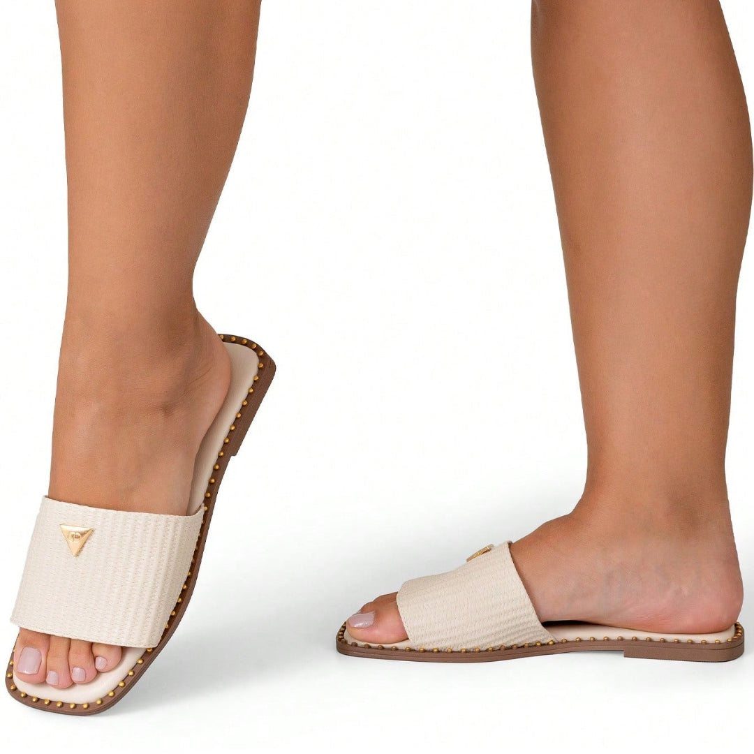 Rasteira Feminina Calce Fácil Bico Quadrado Juta Confortável Off White