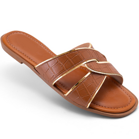 Rasteira Feminina Croco Trançada Confortável Caramelo