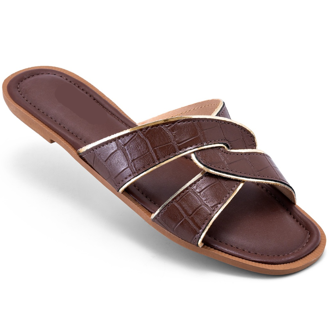 Rasteira Feminina Croco Trançada Confortável Marrom