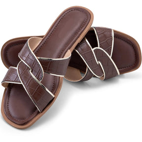 Rasteira Feminina Croco Trançada Confortável Marrom