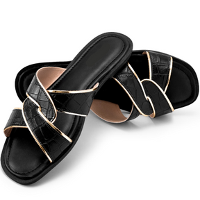 Rasteira Feminina Croco Trançada Confortável Preta