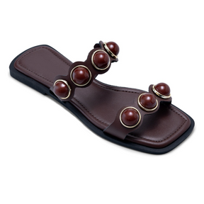 Rasteira Feminina Enfeite De Bola Esferas Pedraria Marrom