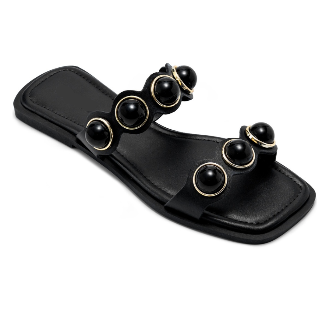 Rasteira Feminina Enfeite De Bola Esferas Pedraria Preta