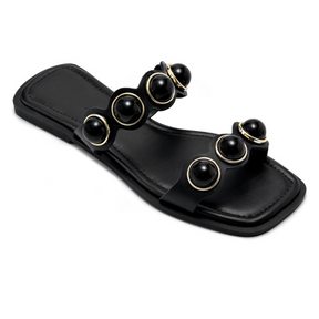 Rasteira Feminina Enfeite De Bola Esferas Pedraria Preta