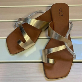 Rasteira Feminina Slide Brilho Strass Casual Dourada