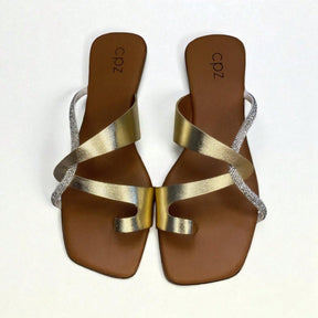 Rasteira Feminina Slide Brilho Strass Casual Dourada