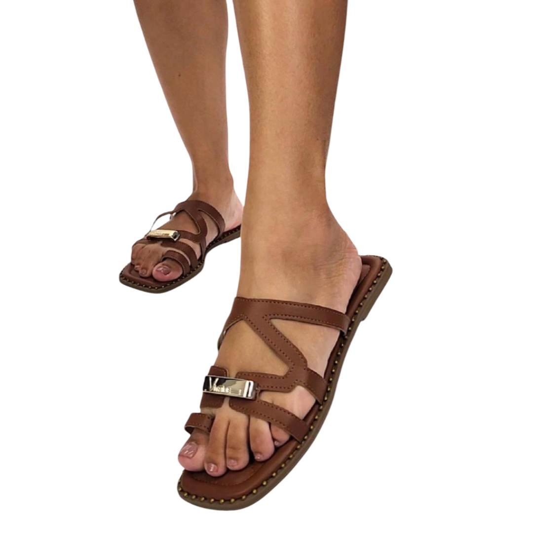 Rasteira Feminina Sola Macia e Aplicação Metálica Marrom