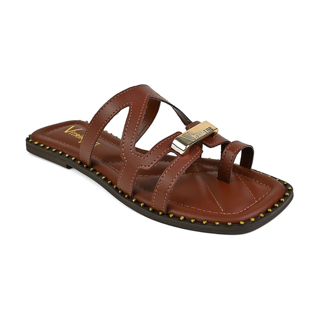 Rasteira Feminina Sola Macia e Aplicação Metálica Marrom