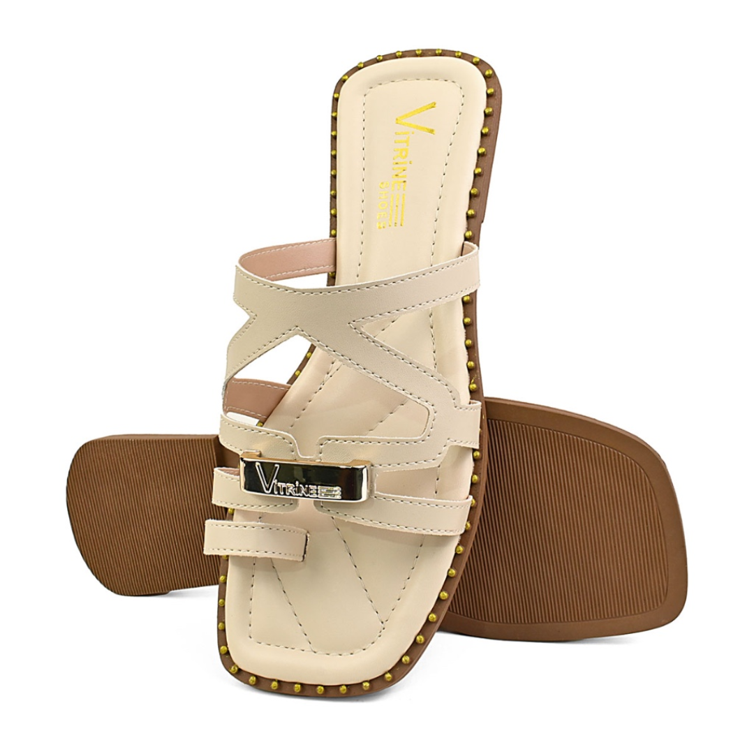 Rasteira Feminina Sola Macia e Aplicação Metálica Off White