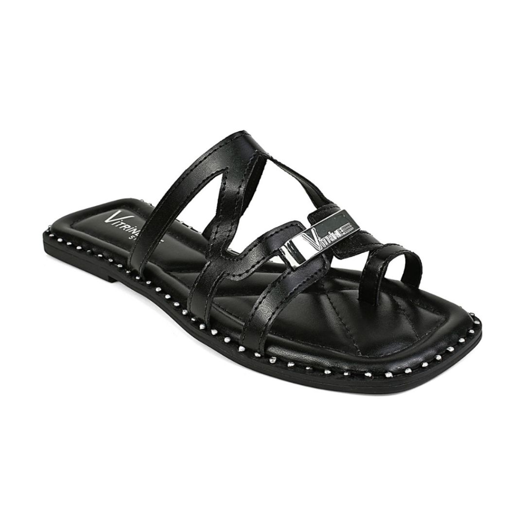 Rasteira Feminina Sola Macia e Aplicação Metálica Preta