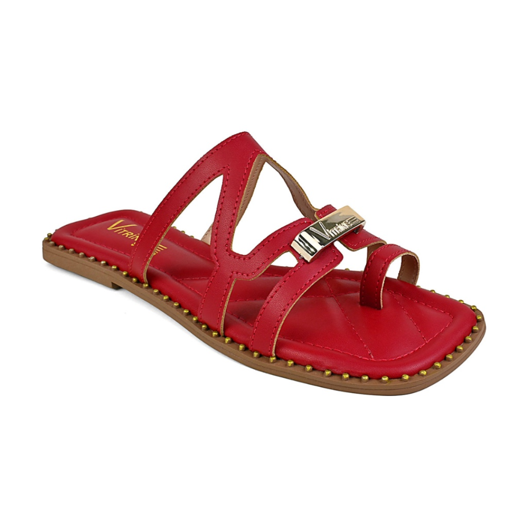 Rasteira Feminina Sola Macia e Aplicação Metálica Vermelha