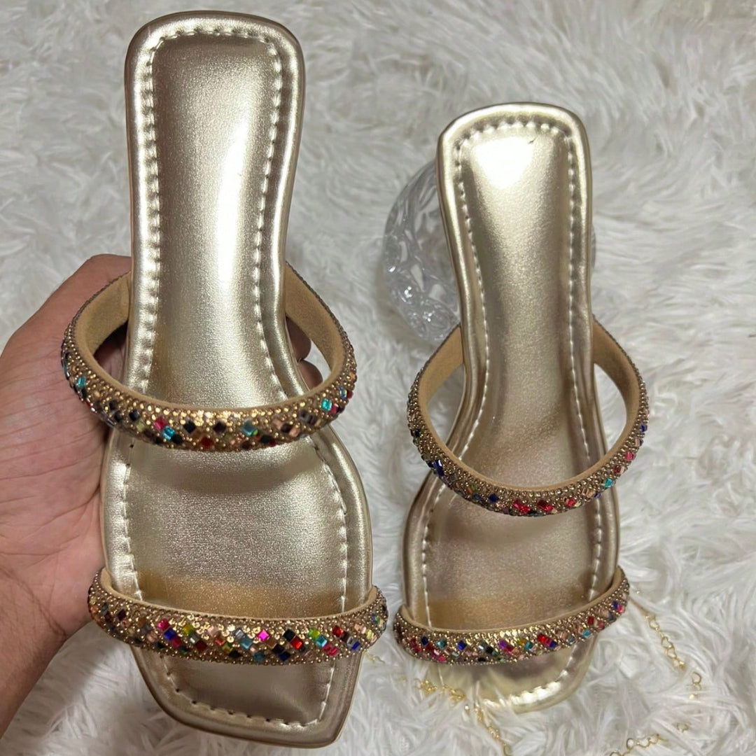 Rasteirinha Feminina Bico Quadrado com Brilhos Moda Luxo Dourada